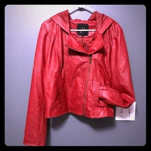 Faux Leather Red Moto Jacket w/Hood